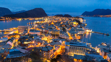 Wall Mural - Twilight cityscape of alesund, norway