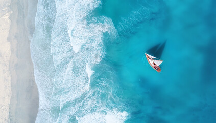Wall Mural - Aerial view of sailboat on turquoise ocean waves