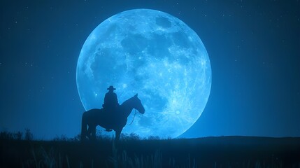 Silhouette of a cowboy man riding horse in the night, huge blue full moon background. Fantasy landscape vector design illustration. Surreal dramatic nature hand-drawn style modern 3d digital fine art.