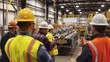© Lakkhana - A wide shot of a training session for factory workers. The workers are all wearing safety gear. The trainer is demonstrating how to use a piece of equipment.