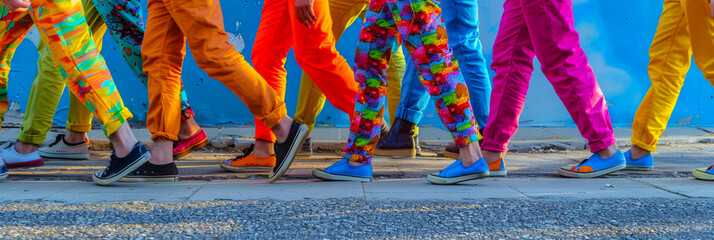 Close-up of feet wearing sneakers and colorful trousers.