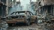 Devastated cityscape close-up, burnt cars among ruined roads and collapsed buildings, capturing the essence of post-apocalyptic destruction