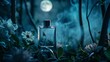 Moon garden at midnight with blurred foliage, a modern perfume bottle sits elegantly, enveloped in an air of mystery