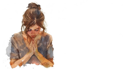 Sticker - Brown watercolor paint of A girl bowing her head in prayer to God