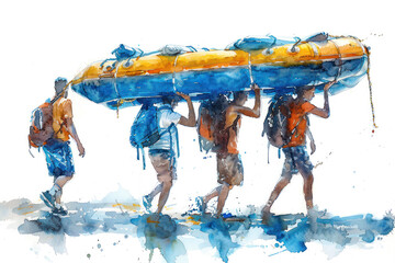 Blue watercolor paint of people teamwork carrying inflatable boat