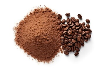 Poster - Pile of instant coffee and beans isolated on white background top view