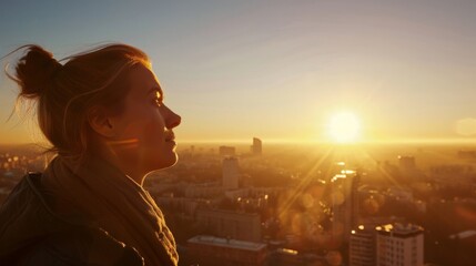 Wall Mural - The woman opens her eyes and looks out at the view. The sun is now fully risen and the sky is a clear blue. The city below is just beginning to wake up. 