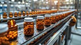 Fototapeta  - Pharmaceutical Manufacturing Facility: Rows of Medicine Bottles Showcasing Industry Production