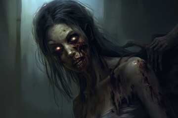 Canvas Print - Terrifying zombie with glowing eyes and bloody face