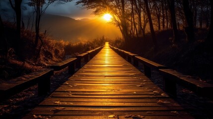 Wall Mural - Sunset over a wooden bridge in the forest