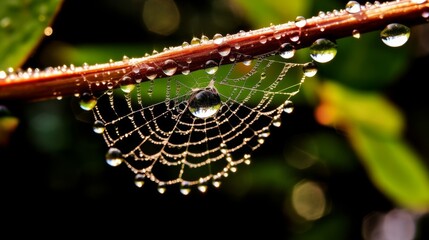 Dew-covered spider web in nature