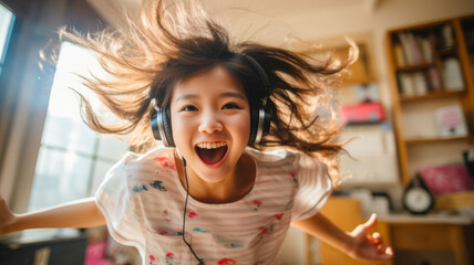 A young Asian girl 14 years old enjoying music in her cozy living room, wearing headphones