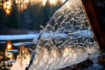 Wall Mural - Frozen forest landscape with shattered ice crystal