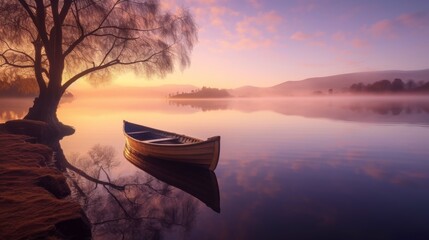 Poster - serene lake landscape with boat at sunset