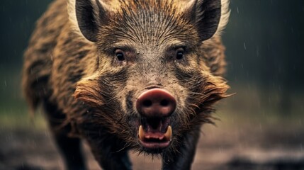 Wall Mural - Fierce wild boar close-up portrait