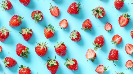 Wall Mural - Vibrant close-up of strawberries arranged in a whimsical pattern, whole and sliced, isolated on a cyan blue backdrop, top-down view