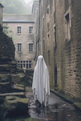 Poster - Mysterious figure in a ghostly white cloak stands in an old stone alley