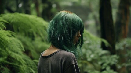 Sticker - mysterious woman with vibrant green hair in the forest