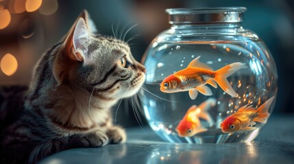 A cat looking at a fishbowl. AI.