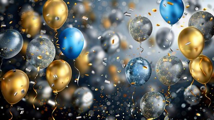 Wall Mural - beautiful celebration background with balloons, gold, silver and blue colors, glittery sparkly stars