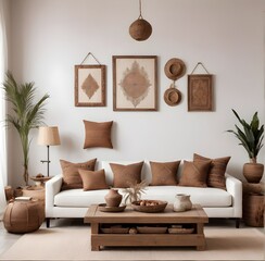 Rustic coffee table near white sofa with brown pillows against wall with two poster frames. Boho ethnic home interior design of modern living room.