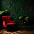 © muddasir - modern living room with red sofa and green wall with red flowers on green wallpaper
