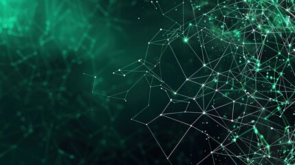 A deep emerald green plexus network with interconnected nodes and lines on a jet-black canvas featuring a large open area in the top right corner for text