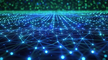 A digital landscape of glowing blue and green neon dots connected by thin luminous lines forming a dense network across a dark background creating a plexus effect with ample space for text