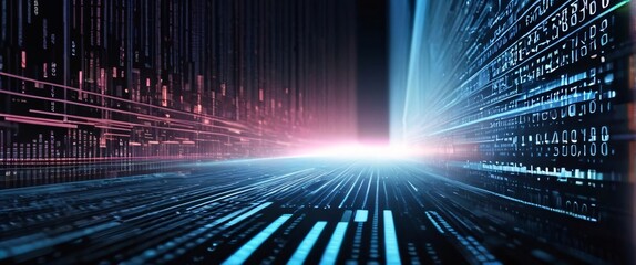 An abstract digital background with binary code and AI algorithms running in the background
