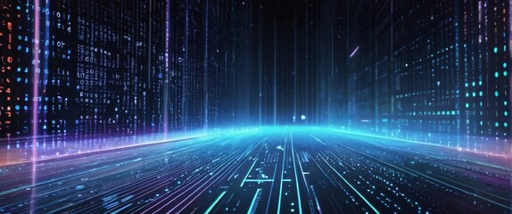 An abstract digital background with binary code and AI algorithms running in the background