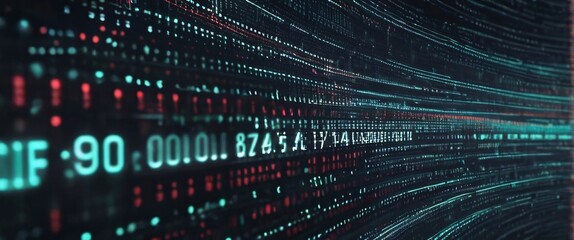An abstract digital background with binary code and AI algorithms running in the background