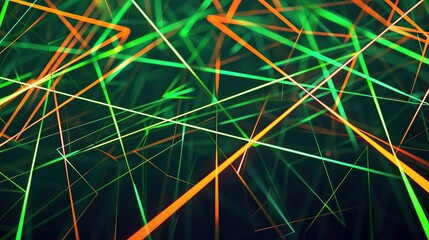 A dynamic and colorful plexus pattern of neon green and orange lines on a dark canvas specifically arranged to leave ample room for text in the upper third of the image