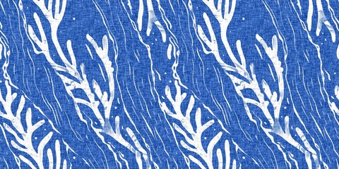 Whimsical seaweed kelp coastal electric blue beach pattern. Batik screen block print cloth effect. Playful kelp coral tropical summer background. Modern scandi underwater plant seamless design.