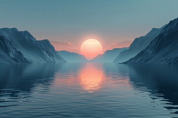 Wall Mural - Tranquil Mountains Sunrise: A Minimalistic and Serene Illustration of Peace and Harmony