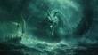 © Nuth - A green sea serpent rises from the depths of the ocean, its massive body dwarfing the Viking ships that sail nearby