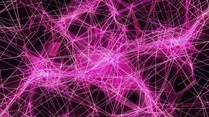 Wall Mural - A vibrant display of interconnected neon pink and purple lines creating a complex plexus pattern against a deep black canvas specifically arranged to provide a broad area for text in the center