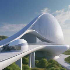 Futuristic architecture background exterior of curved building 3d render