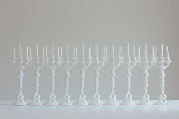 Wall Mural - White antique candelabra for multiple candles.Photograph with a completely white background, showcasing white elements.Minimal creative interior concept.