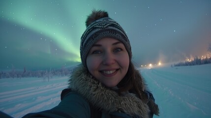 a young woman standing in the snow, with a aurora borealis in the background. she is wearing a warm 