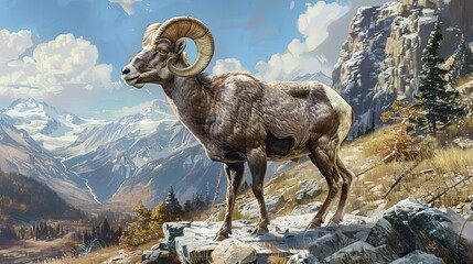 Wall Mural - majestic rocky mountain bighorn sheep ram in wild habitat ultradetailed 8k illustration
