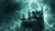 © Jelena - mythological god sitting on throne in dark stormy sky dramatic fantasy illustration