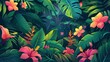 vibrant tropical jungle with lush green foliage and exotic flowers colorful nature background illustration