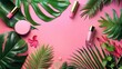 vivid summer color background with tropical palm leaves flat lay top view 3d cosmetic product display