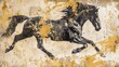 vintage horse illustration with chinoiserie and golden brushstrokes on textured background modern art oil painting