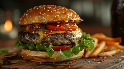 Wall Mural - Gourmet burger topped with melted cheese, lettuce, and juicy tomatoes.