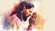 watercolor portrait of jesus christ praying serene expression spiritual devotion religious art digital illustration