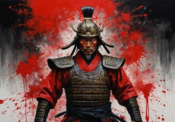 Fierce Japanese Samurai warrior in full armor ready for battle surreal fantasy ancient soldier for Japan red paint splatter on black and white background