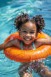 A joyful and carefree young child is seen having the time of their life while floating on a vibrant swimming ring in a refreshing pool, giggling with happiness and enjoying a perfect summer day.