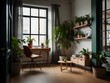 Cozy corner office with green plants, promoting eco-friendly work culture, generative AI