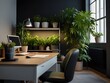 Cozy corner office with green plants, promoting eco-friendly work culture, generative AI